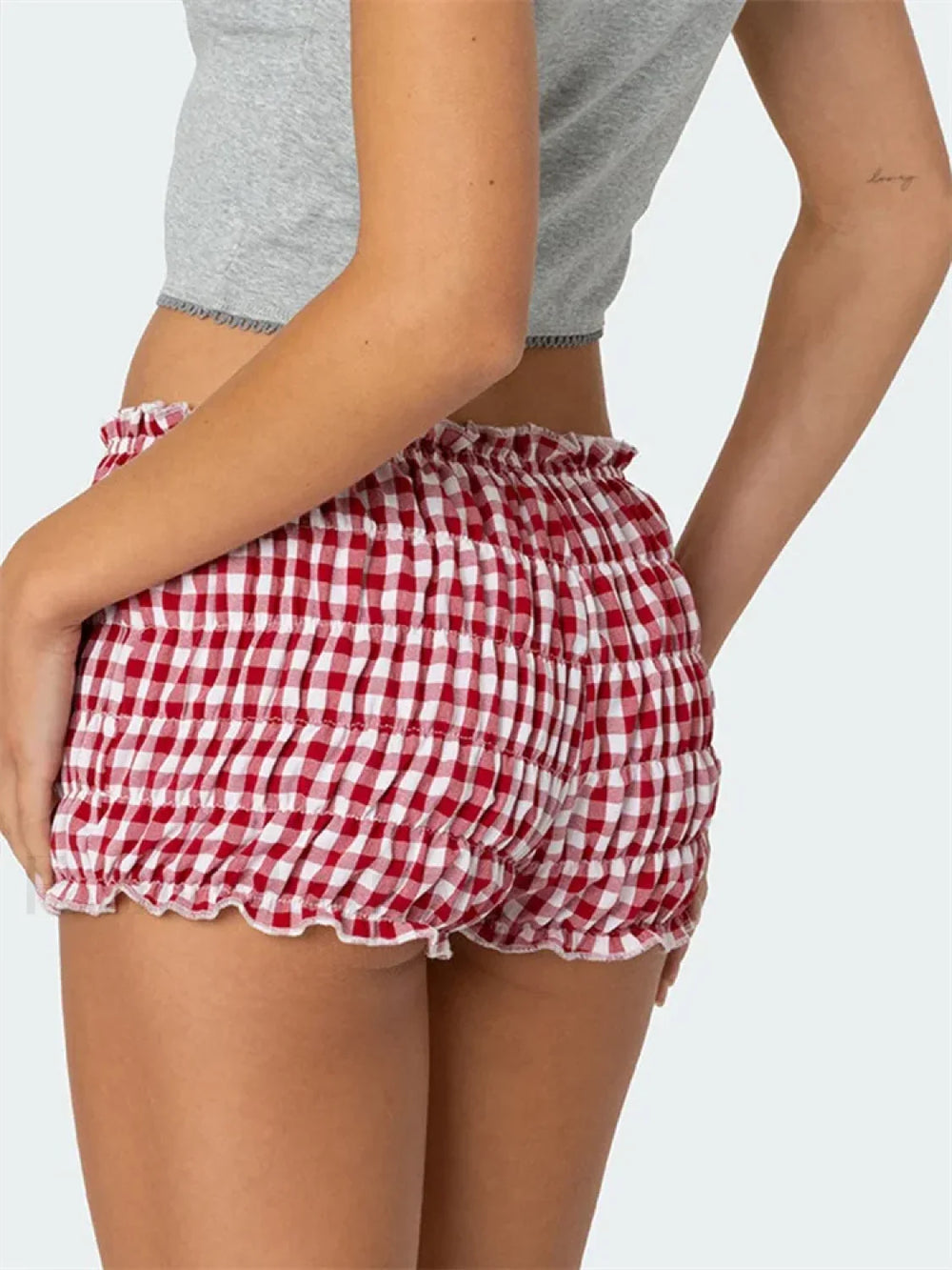 Ruched Plaid Print Slim Fit Low Waist Casual Summer Short