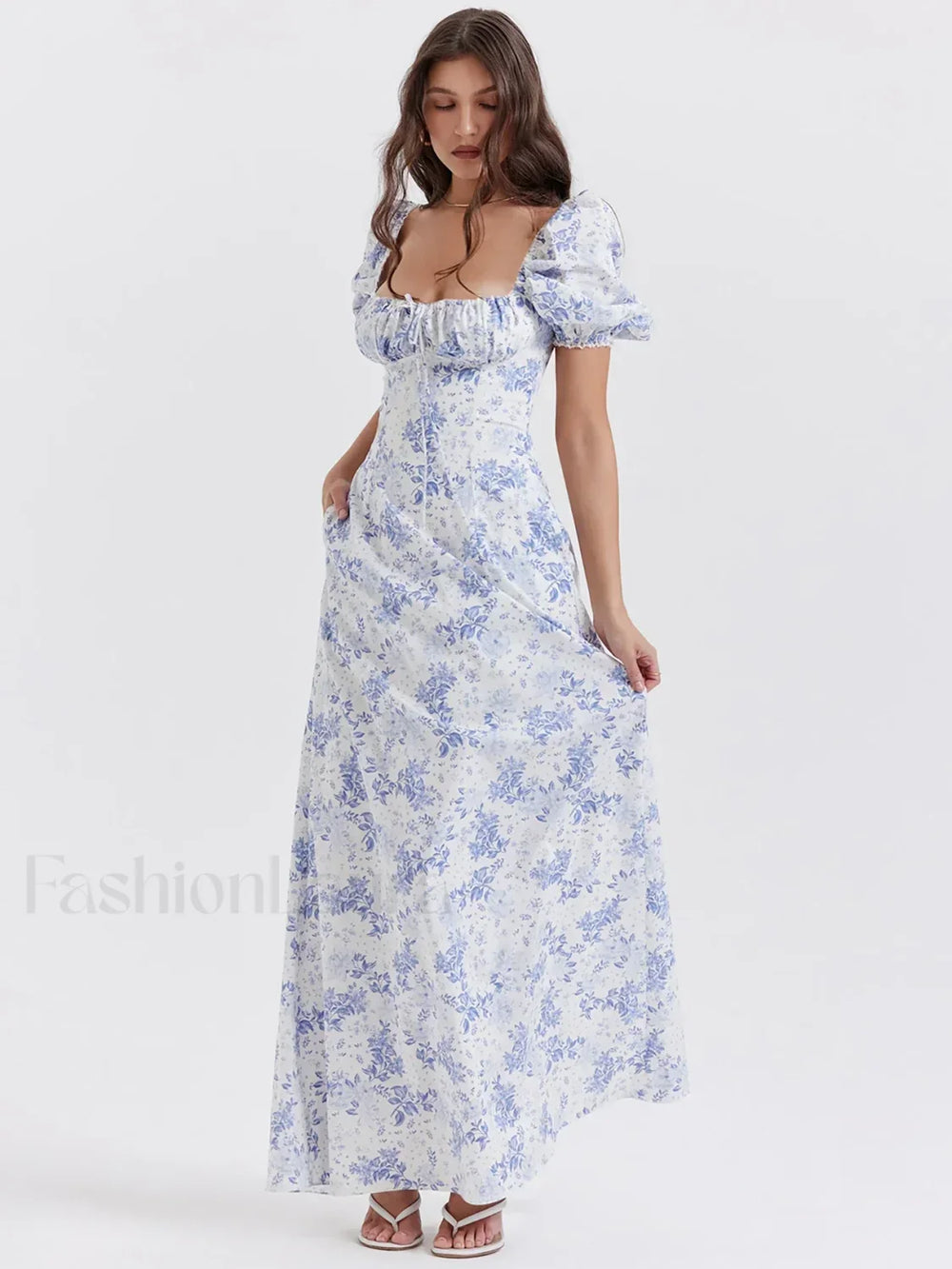 Ruched Pocket Sleeve Floral Dress Blue / S