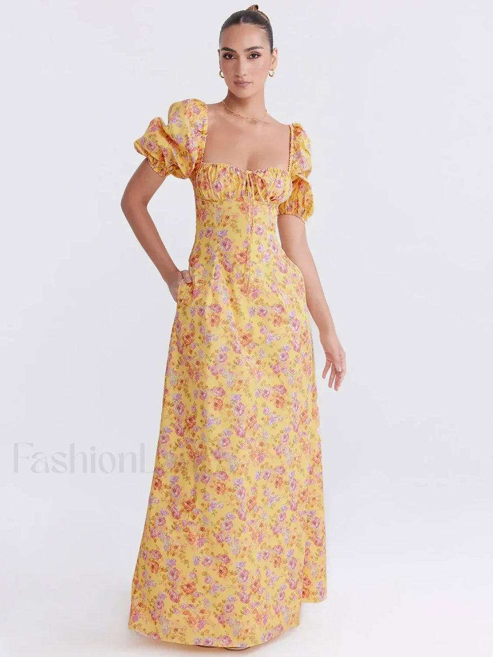 Ruched Pocket Sleeve Floral Dress Yellow / S
