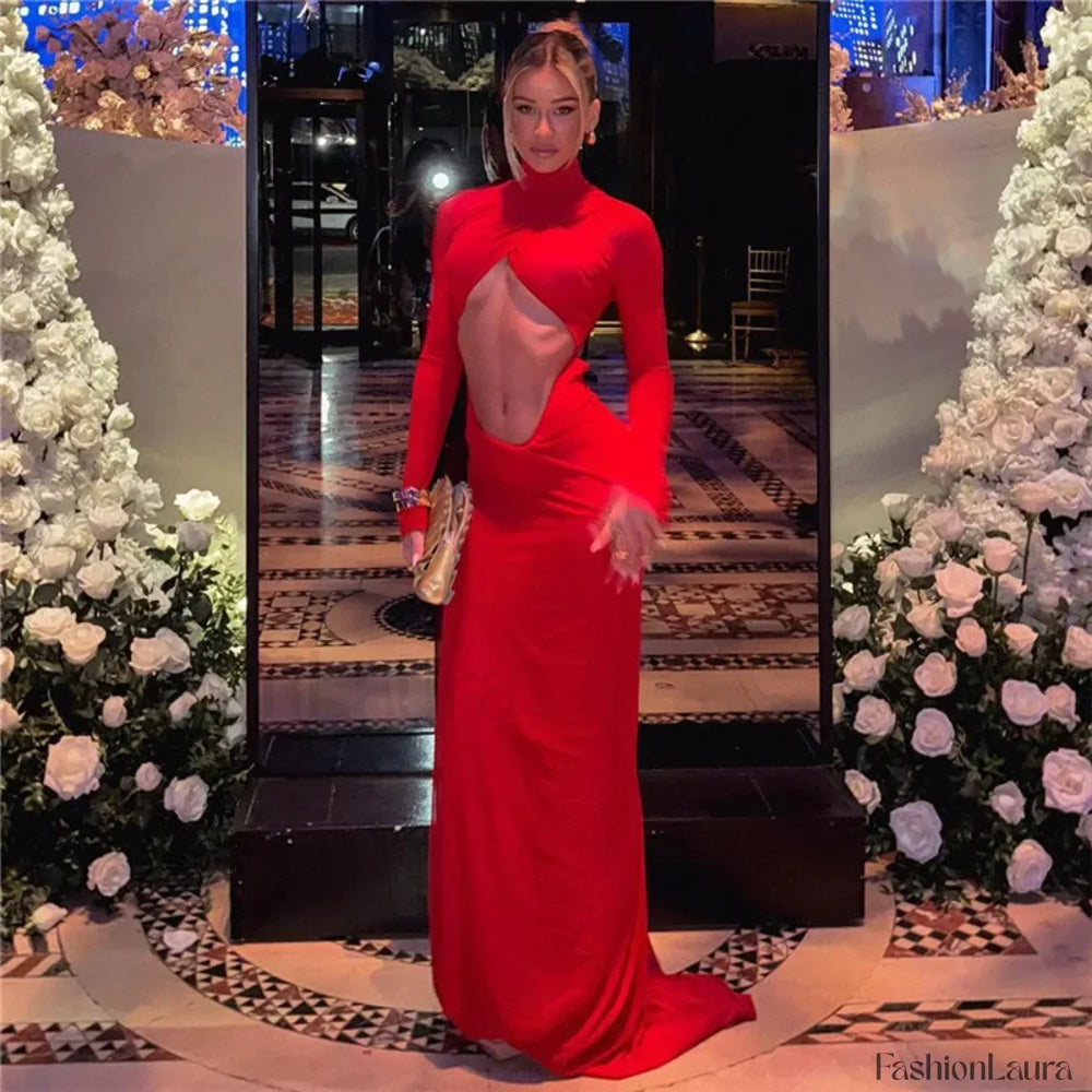 Ruched Red Cut Out Maxi Dress