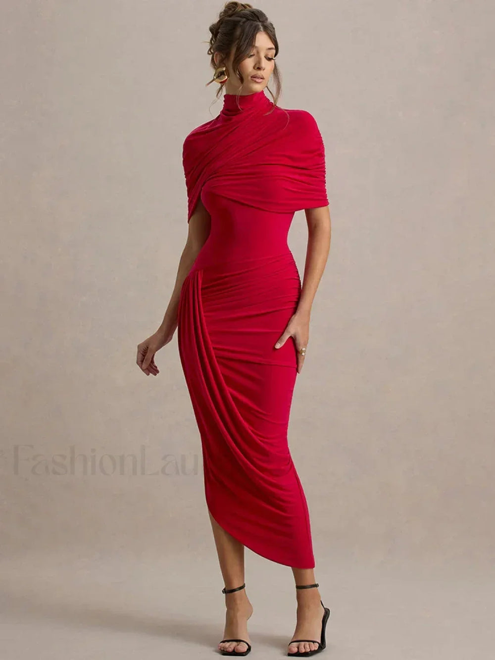 Ruched Turtleneck Midi Dress Red / S