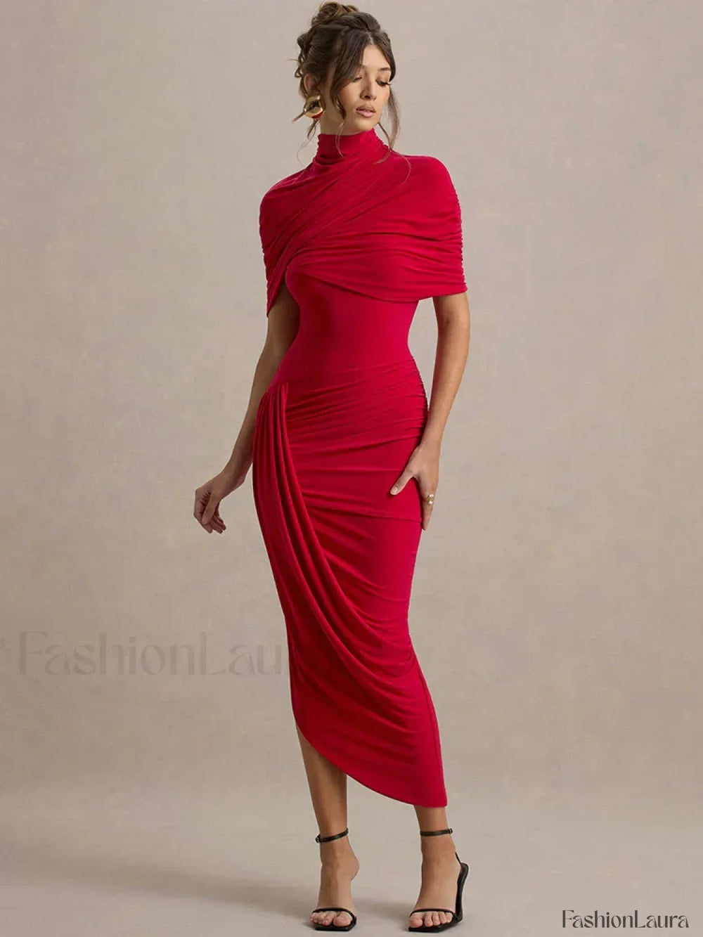 Ruched Turtleneck Midi Dress Red / S