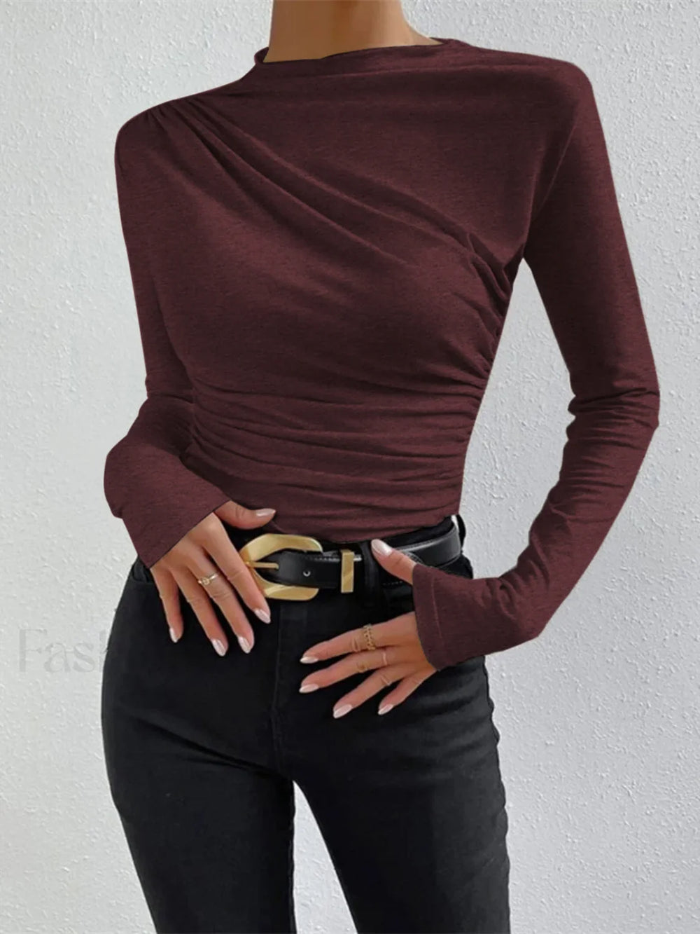 Ruching Long Sleeve Shirt Burgundy / XS T Shirts