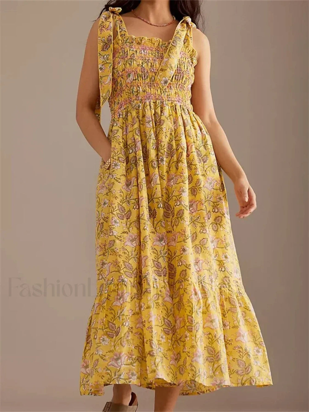Ruffle Floral High Waist Maxi Dress yellow / S