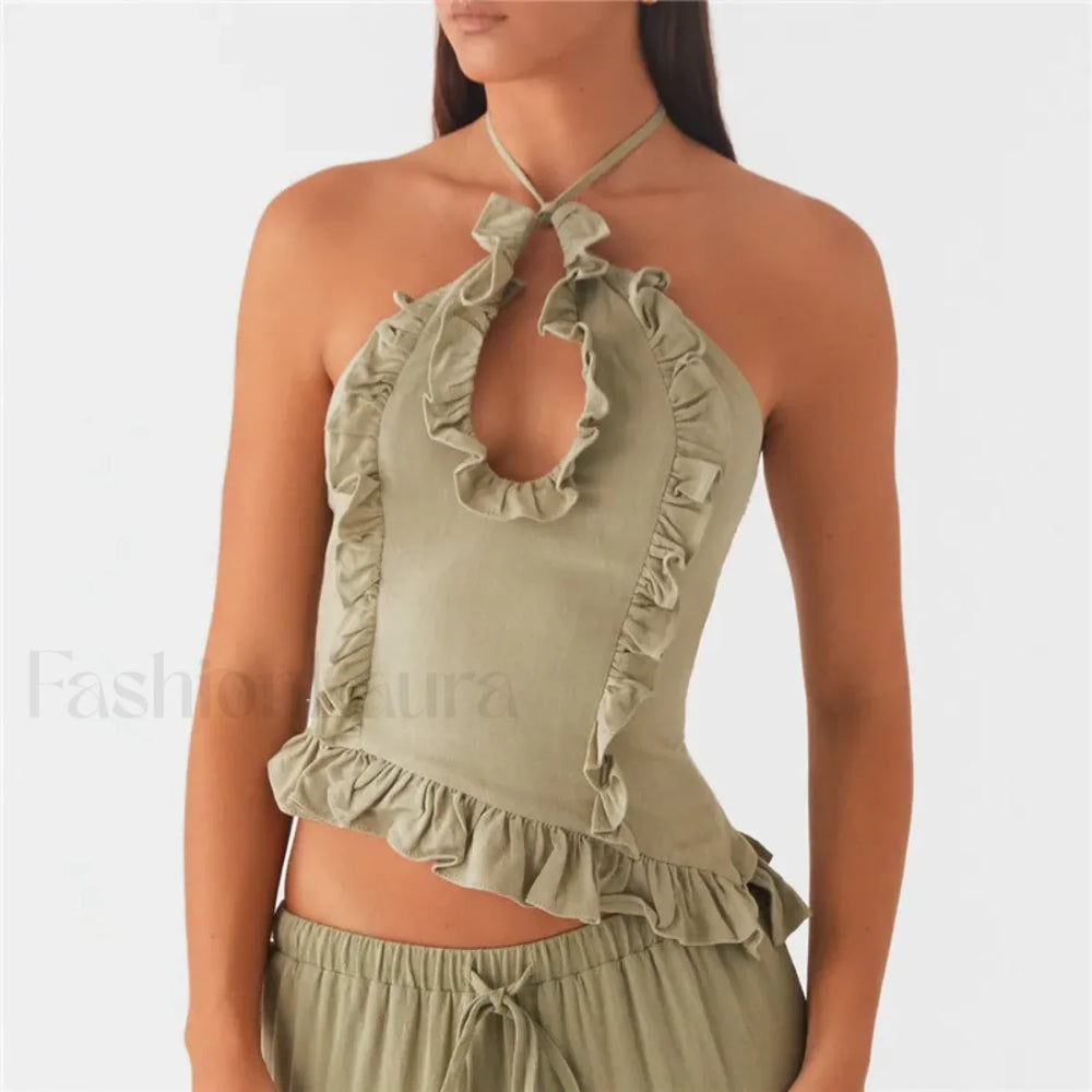 Ruffle Frill Cut Out Crop Top GREEN / S