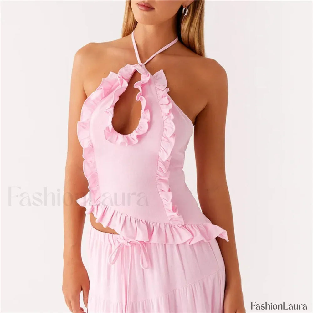 Ruffle Frill Cut Out Crop Top PINK / S