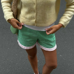 Ruffle Hem Boxer Plaid Print Elastic High Waist Loose Short