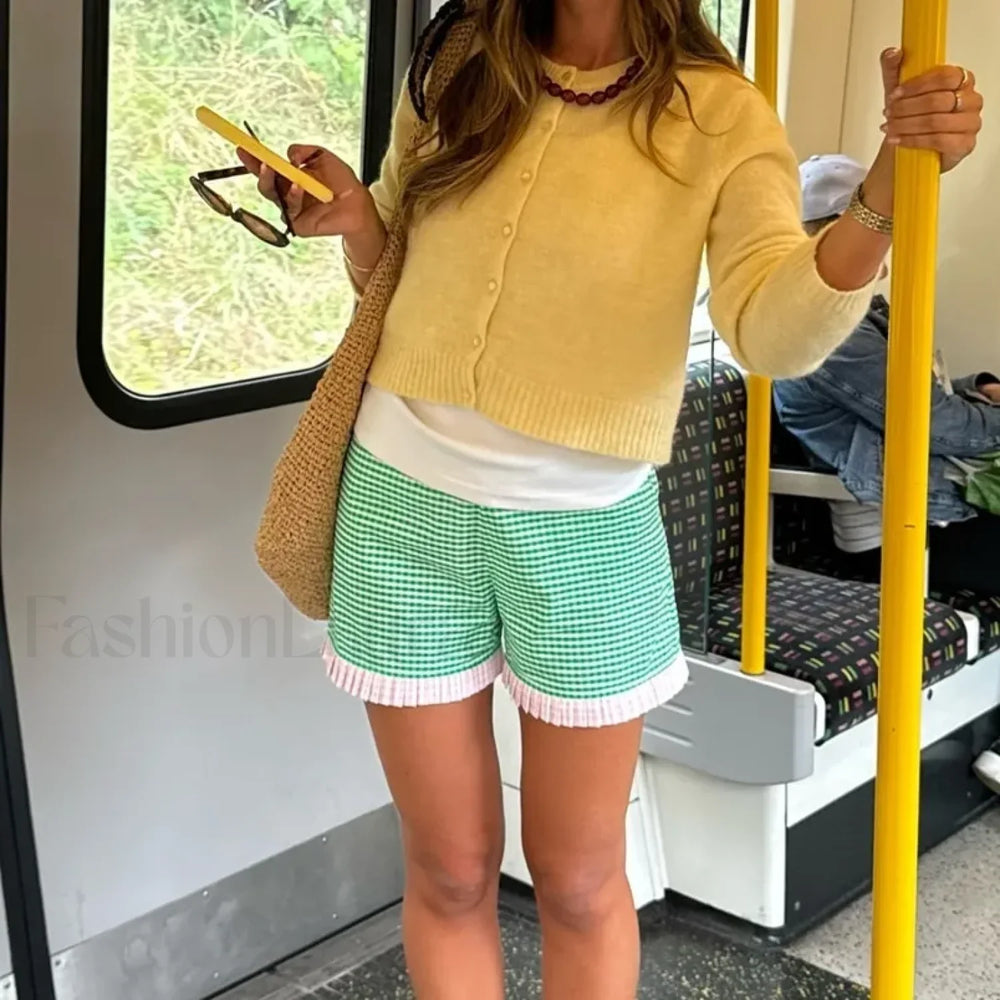 Ruffle Hem Boxer Plaid Print Elastic High Waist Loose Short