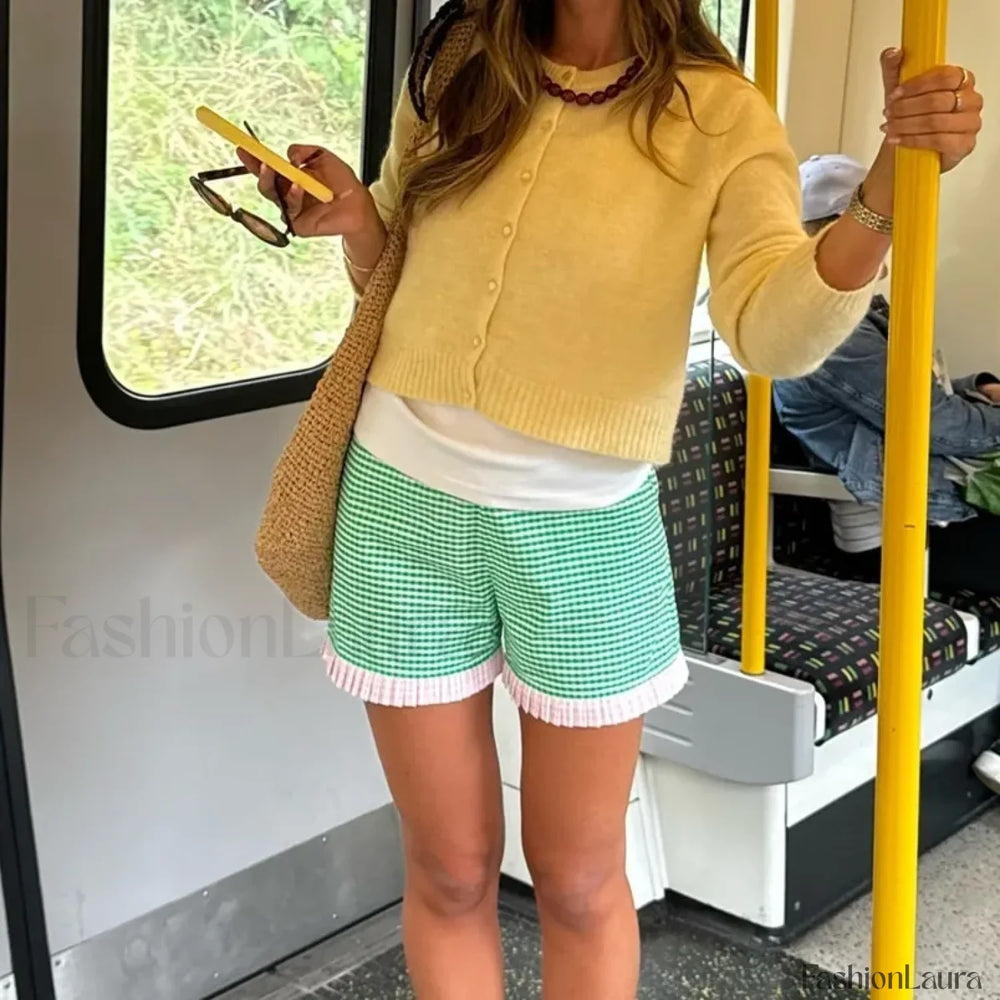 Ruffle Hem Boxer Plaid Print Elastic High Waist Loose Short