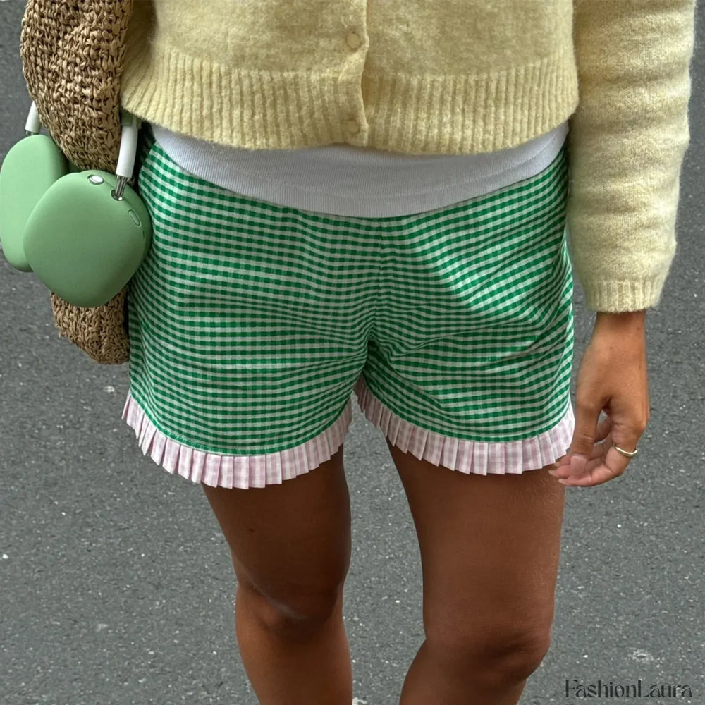 Ruffle Hem Boxer Plaid Print Elastic High Waist Loose Short S