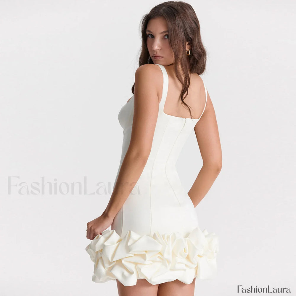 Ruffle Hem Square Neck Sleeveless Bodycon Party Mini Dress White L / White Party Dresses L