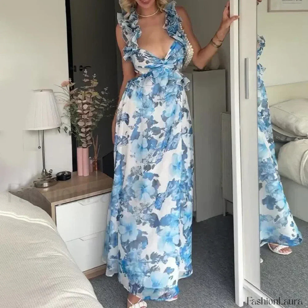 Ruffle Hem V Neck Floral Dress