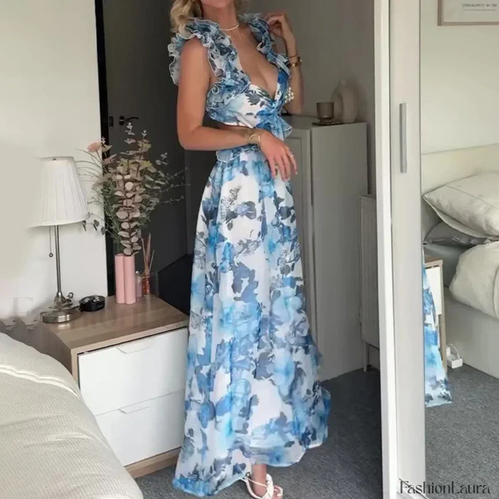 Ruffle Hem V Neck Floral Dress