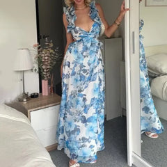 Ruffle Hem V Neck Floral Dress