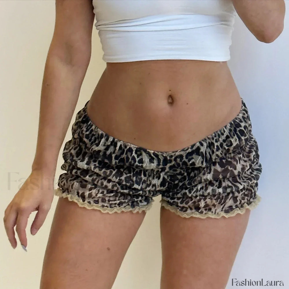 Ruffle Kawaii Pumpkin Lace Bowknot Short leopard / S