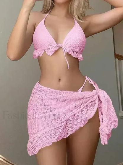Ruffle Lace Up Three Piece Set Pink / S