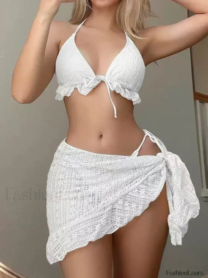 Ruffle Lace Up Three Piece Set WHITE / S