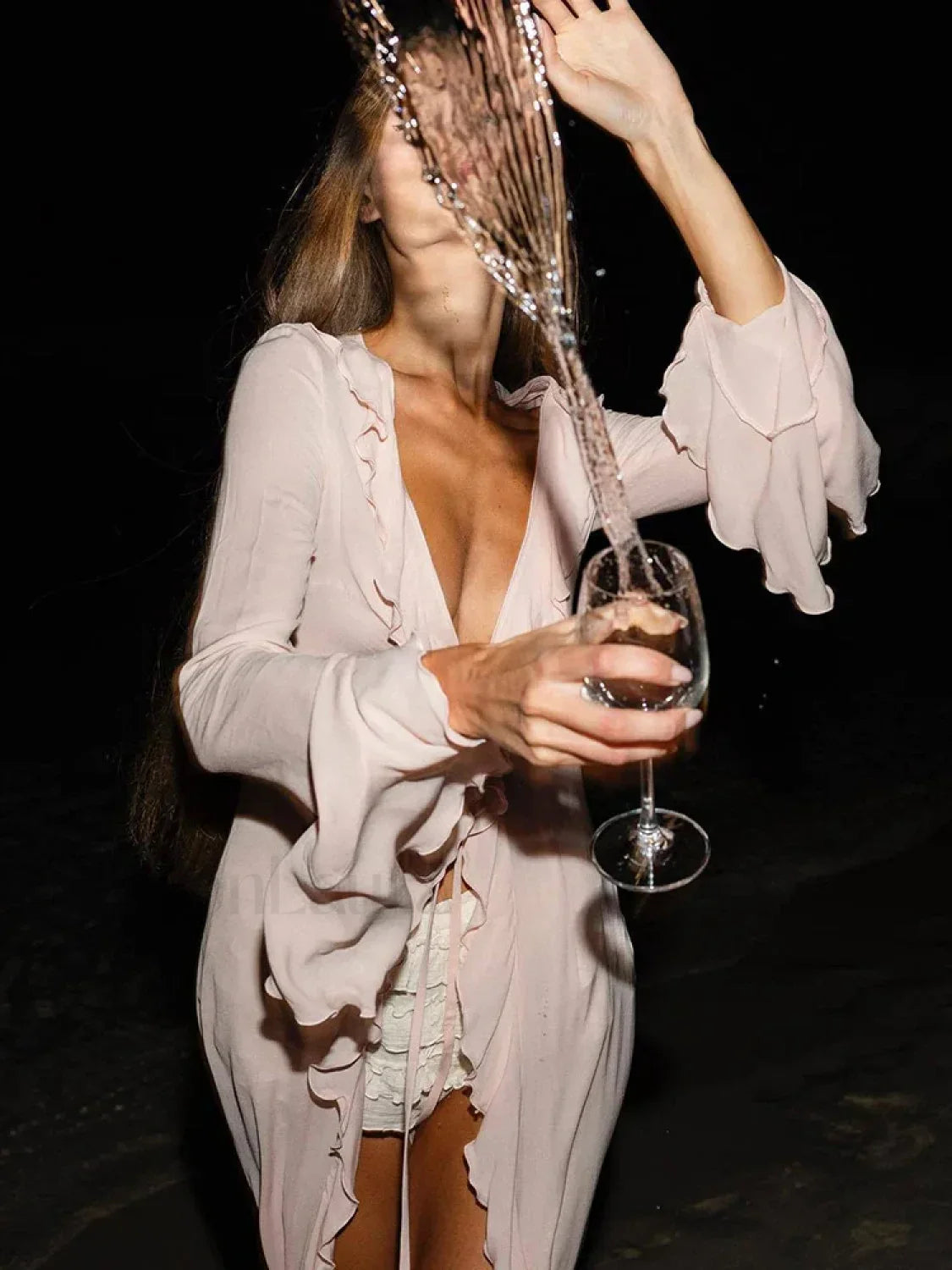 Ruffle Long Sleeve Lace Up Cover Up