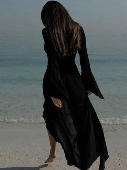 Ruffle Long Sleeve Lace Up Cover Up