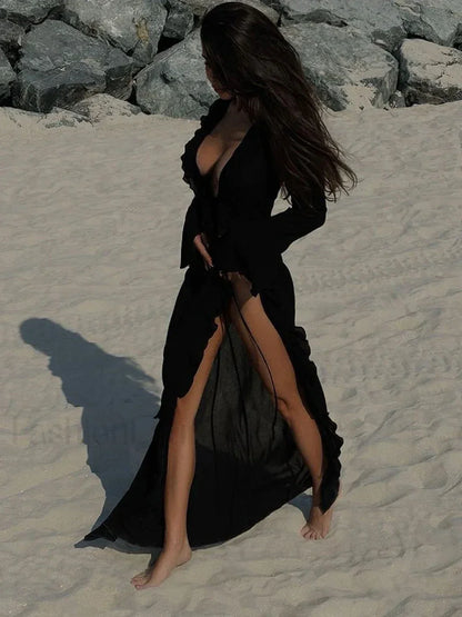 Ruffle Long Sleeve Lace Up Cover Up Black / S