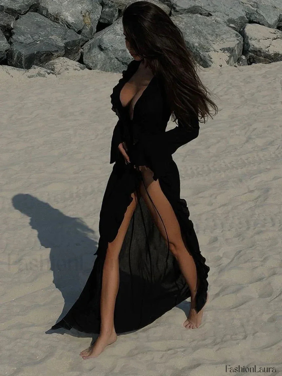 Ruffle Long Sleeve Lace Up Cover Up Black / S