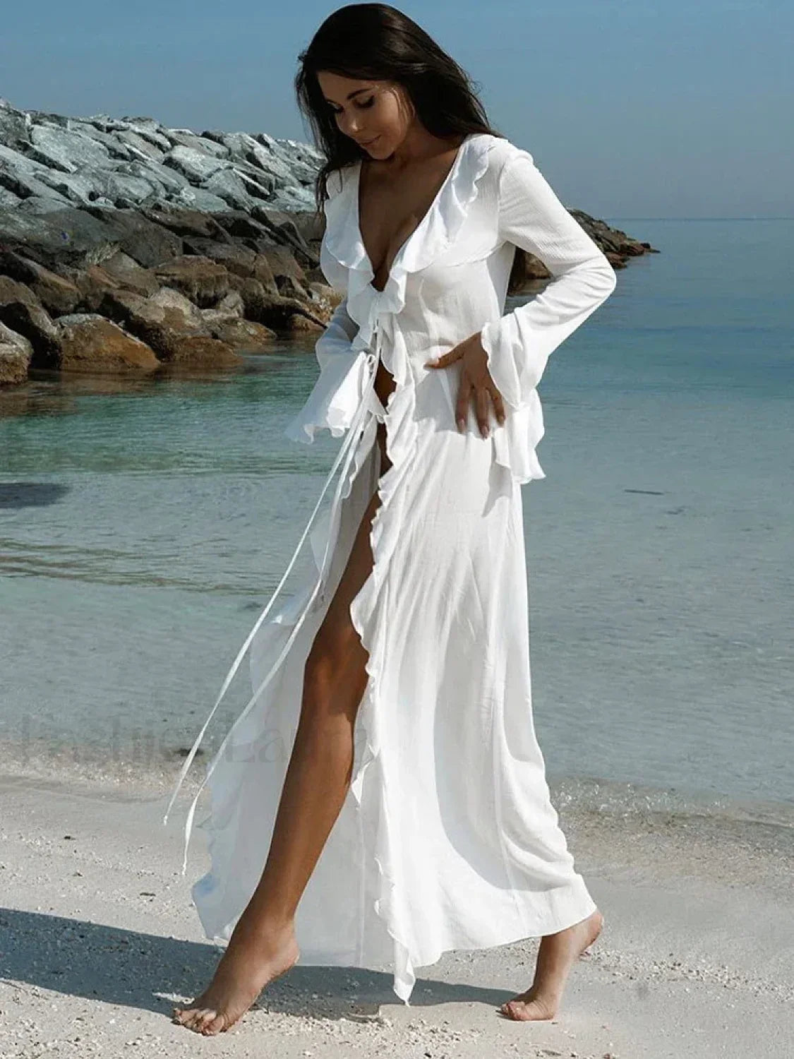 Ruffle Long Sleeve Lace Up Cover Up WHITE / S