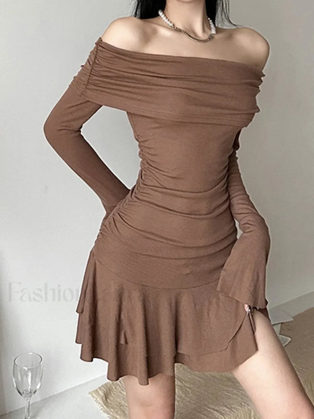 Ruffle Off Shoulder Ribbed Mini Dress Mini Dresses