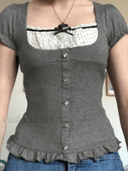 Ruffle Patchwork Buttoned Knit Top Sweaters