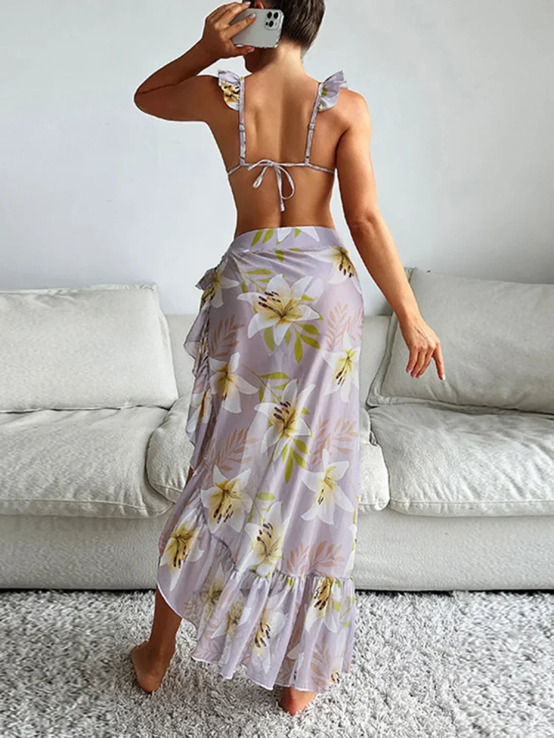 Ruffle Printed Split Three Piece Set