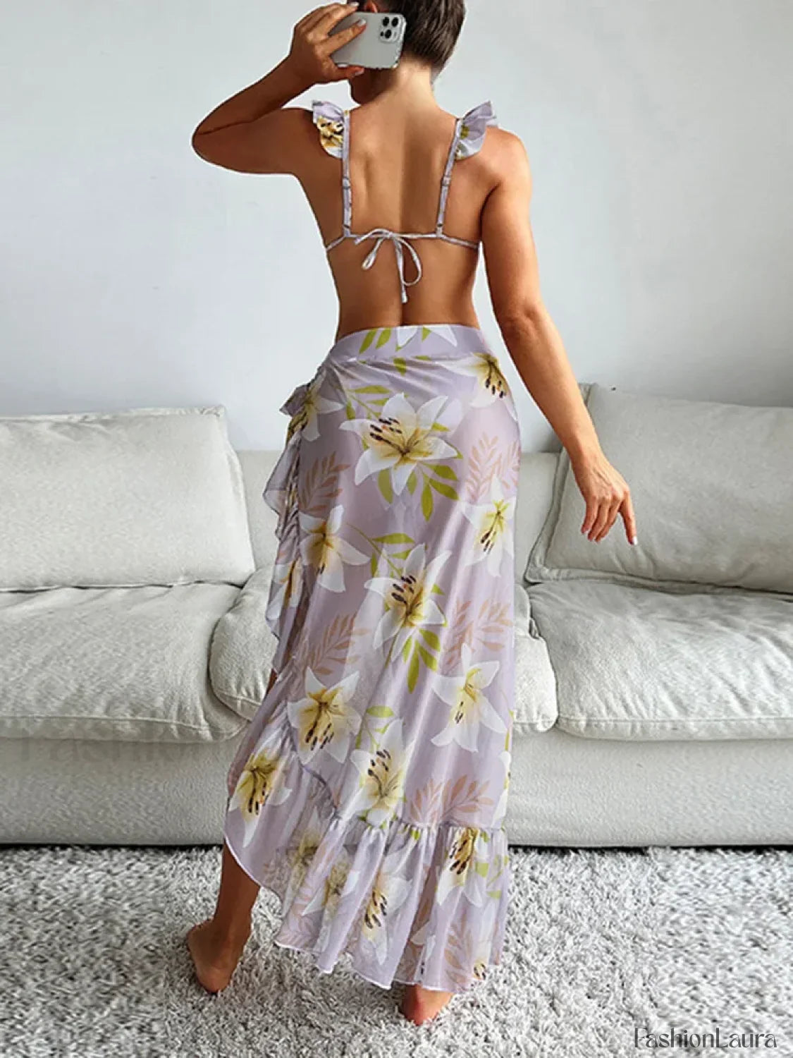 Ruffle Printed Split Three Piece Set