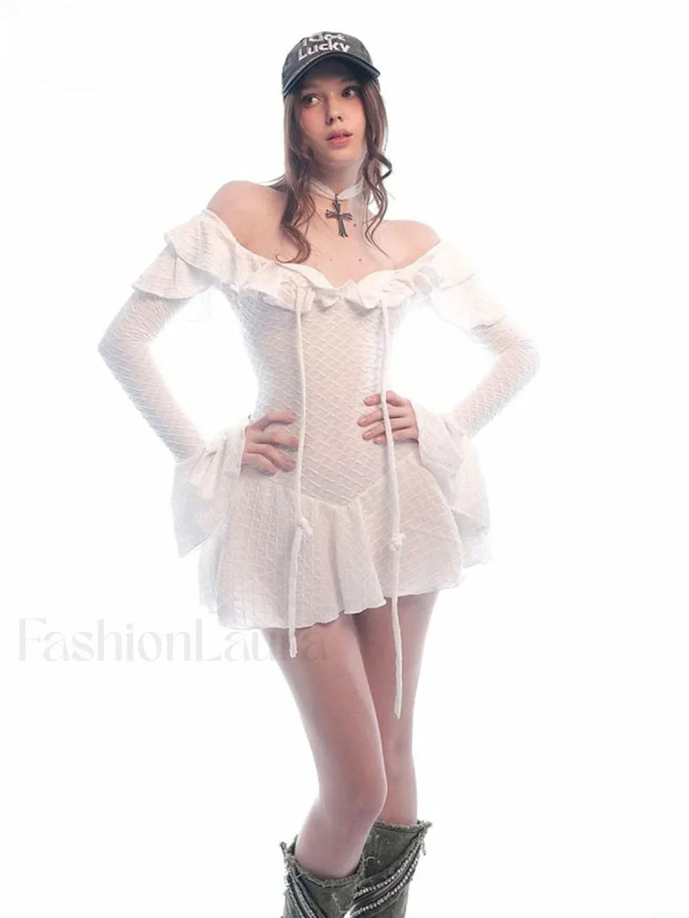 Ruffle Slash Neck Ribbon Mini Dress WHITE / S