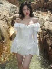 Ruffle Slash Neck Ribbon Mini Dress