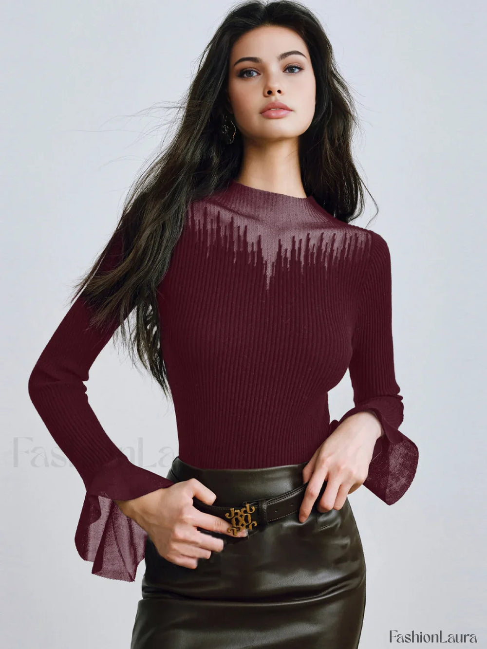 Ruffle Sleeve Thin Sweater Burgundy / XS Sweaters