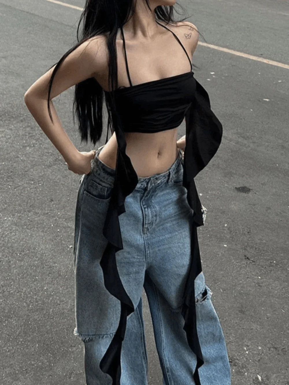 Ruffle Trim Halter Crop Cami Top Black / S Tops&Tees