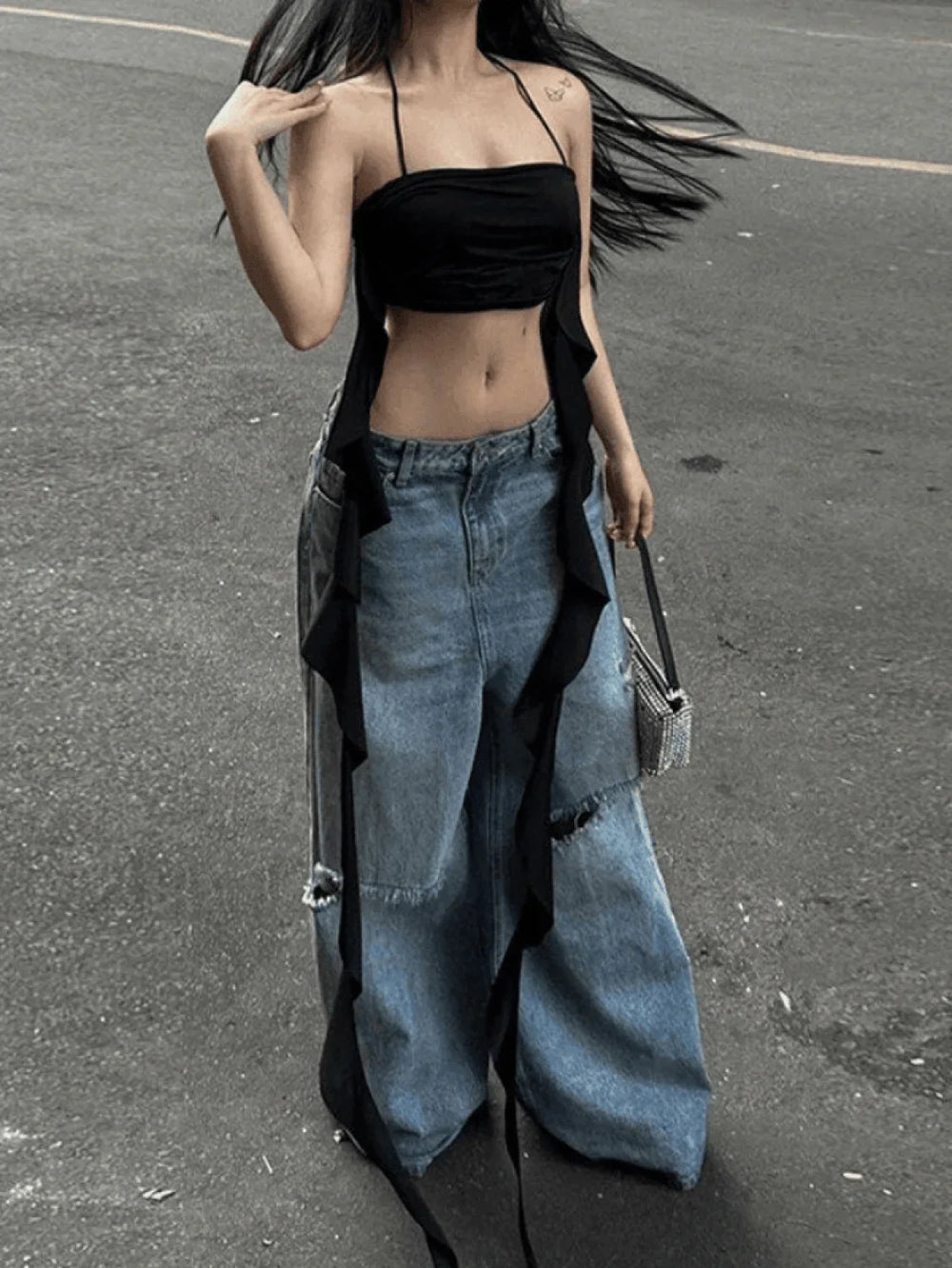 Ruffle Trim Halter Crop Cami Top Tops&Tees