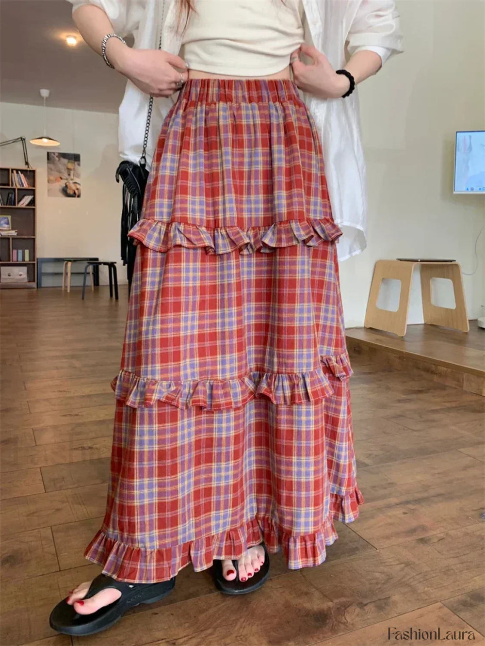 Ruffle Trim Plaid Maxi Skirt Red / One Size