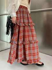 Ruffle Trim Plaid Maxi Skirt Red / One Size