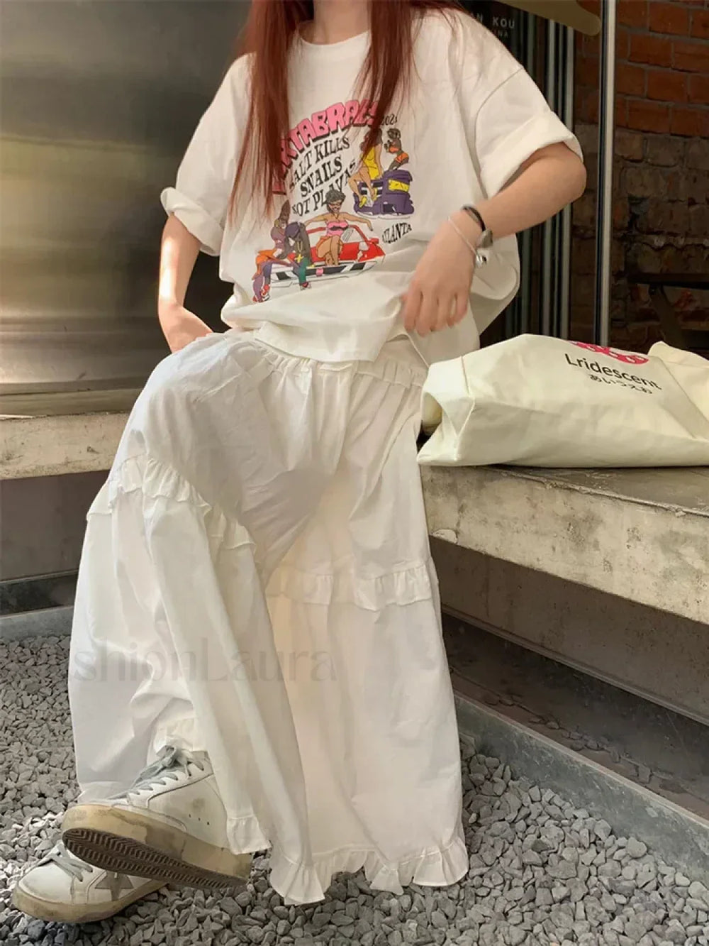 Ruffle Trim White Korean Style Elastic Waist Swing Skirt WHITE / One Size