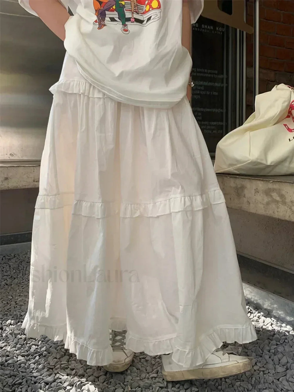 Ruffle Trim White Korean Style Elastic Waist Swing Skirt WHITE / One Size