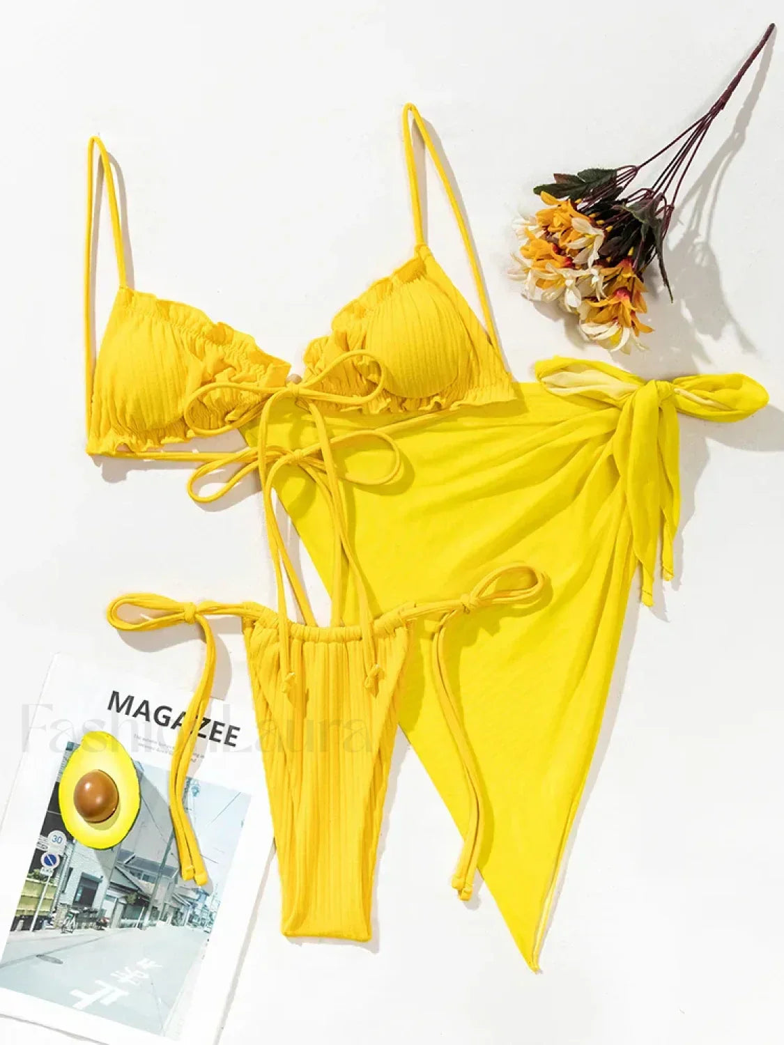 Ruffle Wrap Skirt Three Piece Set YELLOW / XS