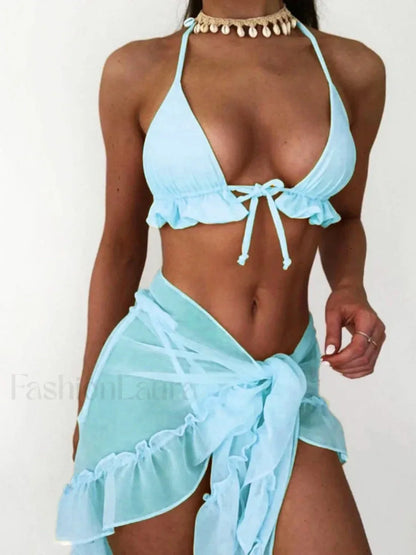 Ruffled Backless Halter Three Piece Set