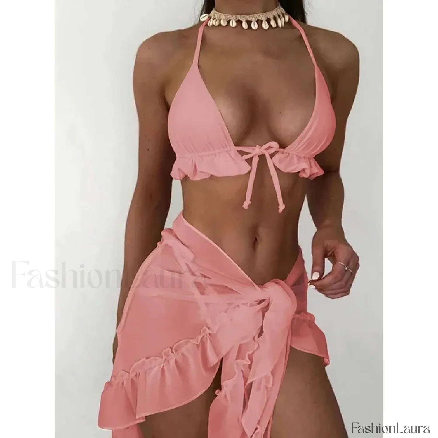 Ruffled Backless Halter Three Piece Set Pink / S