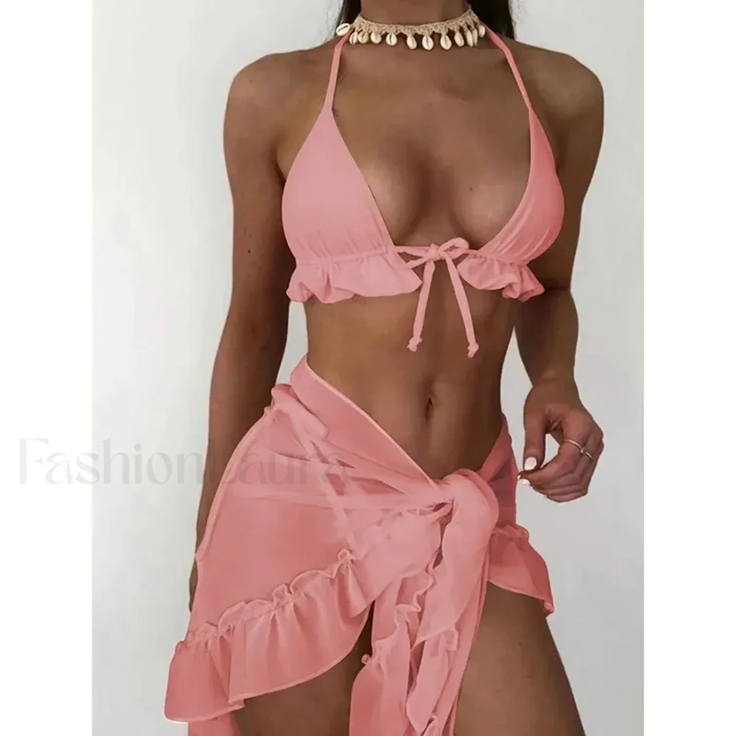 Ruffled Backless Halter Three Piece Set Pink / S