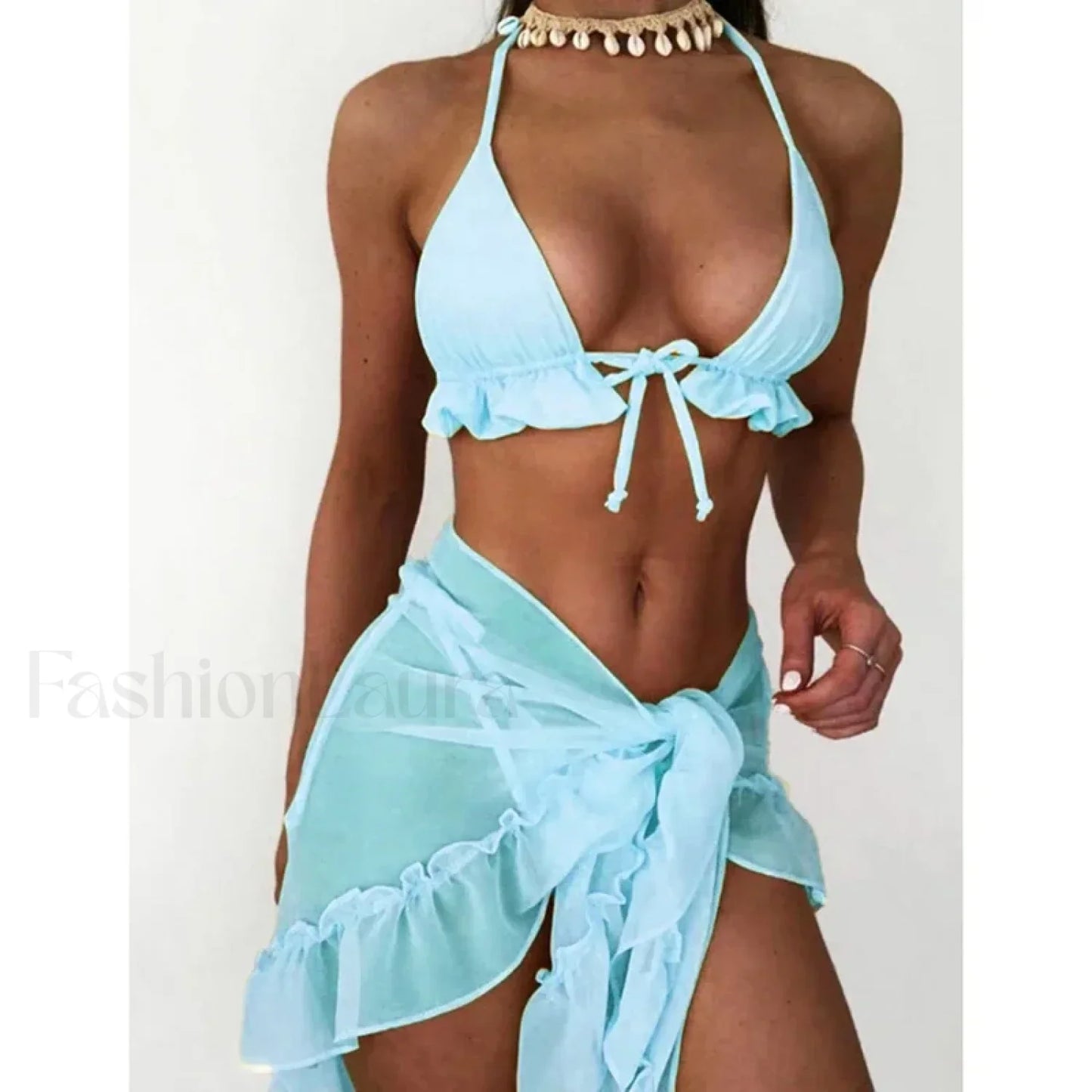 Ruffled Backless Halter Three Piece Set SKY BLUE / S