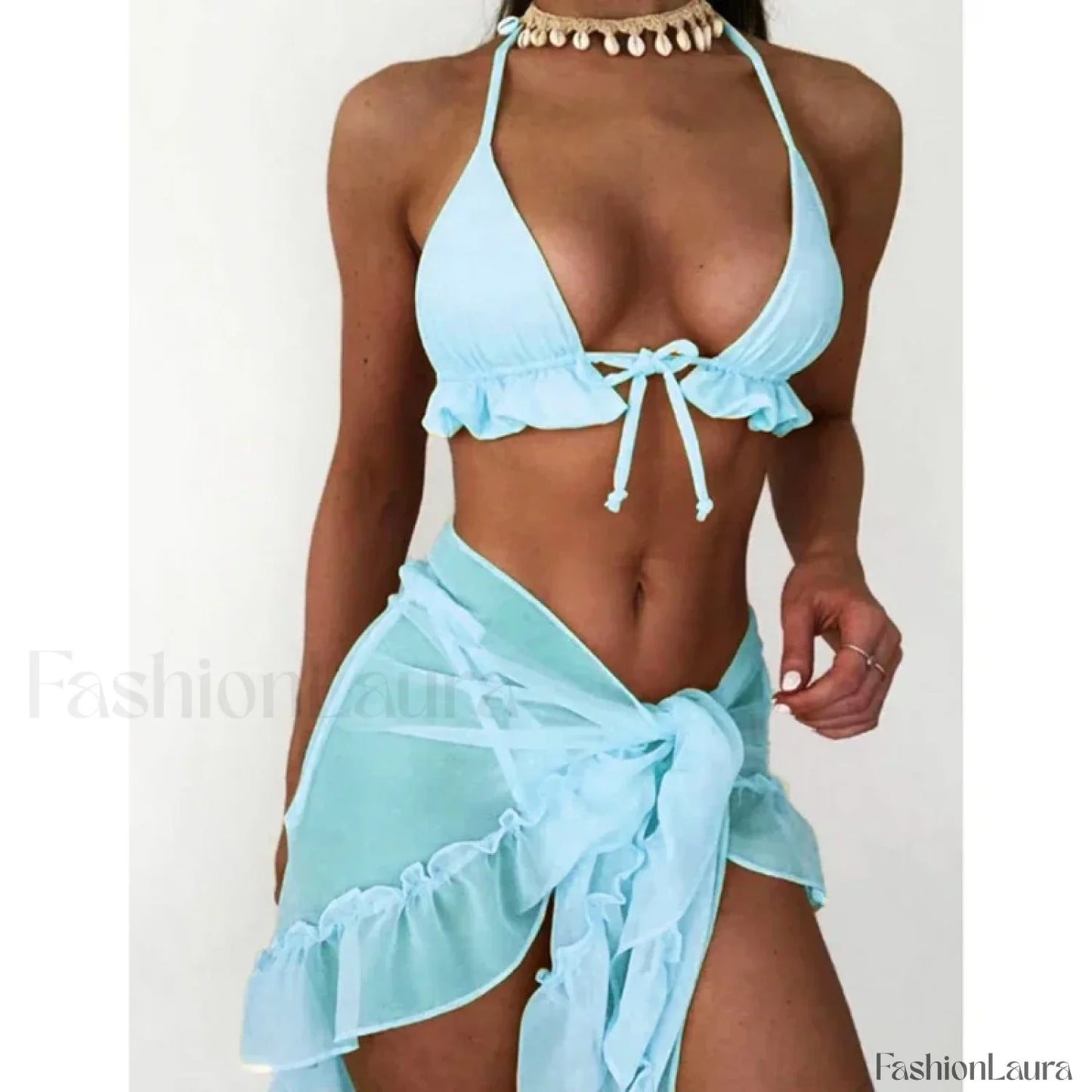 Ruffled Backless Halter Three Piece Set SKY BLUE / S