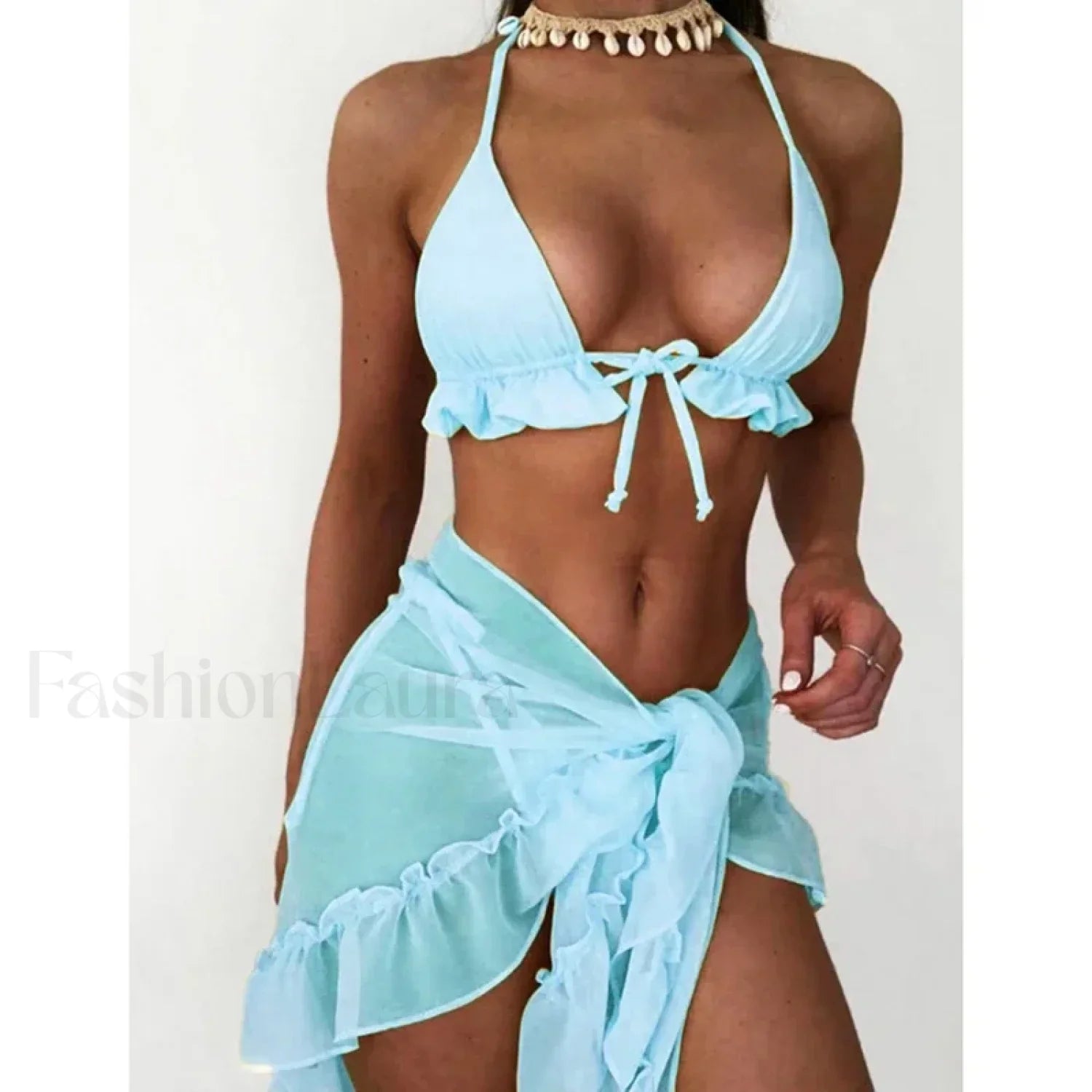 Ruffled Backless Halter Three Piece Set SKY BLUE / S