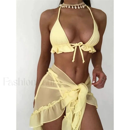 Ruffled Backless Halter Three Piece Set Yellow / S