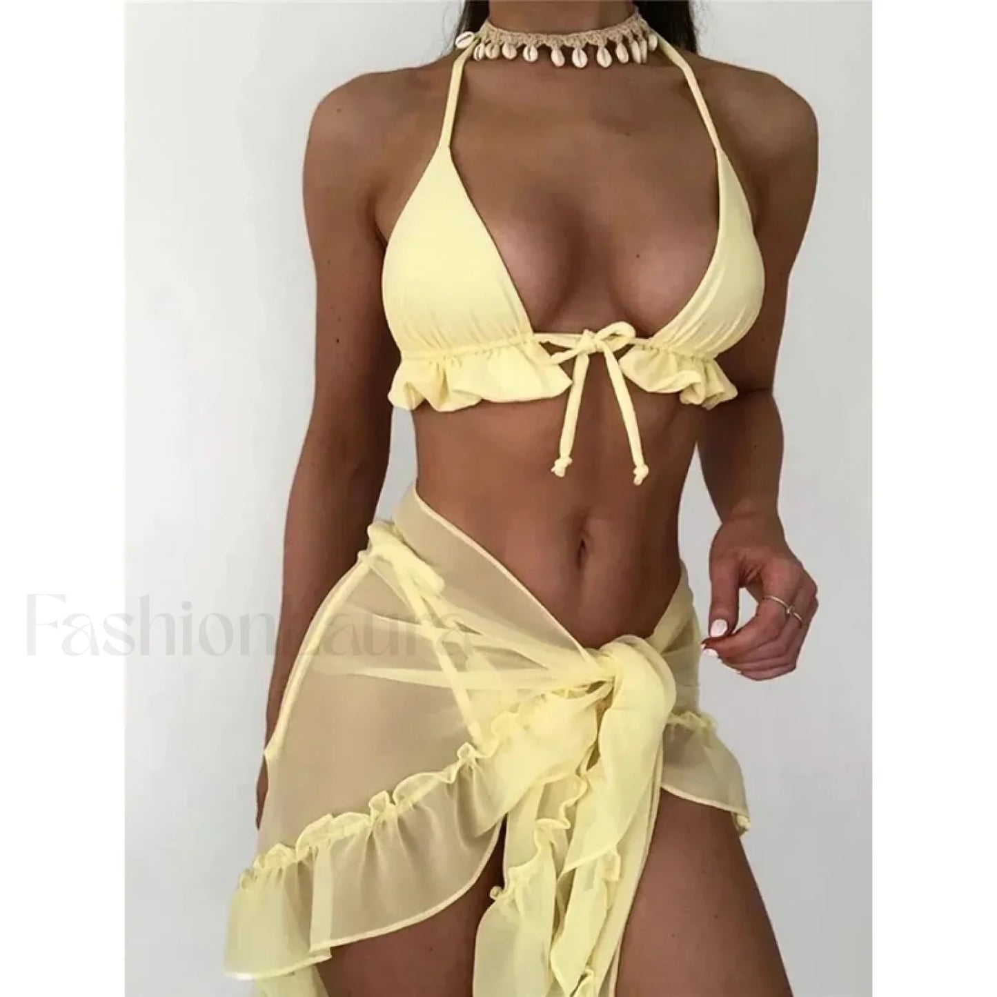 Ruffled Backless Halter Three Piece Set Yellow / S