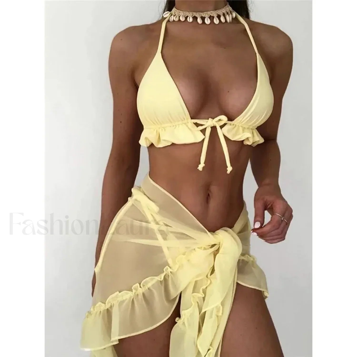 Ruffled Backless Halter Three Piece Set Yellow / S