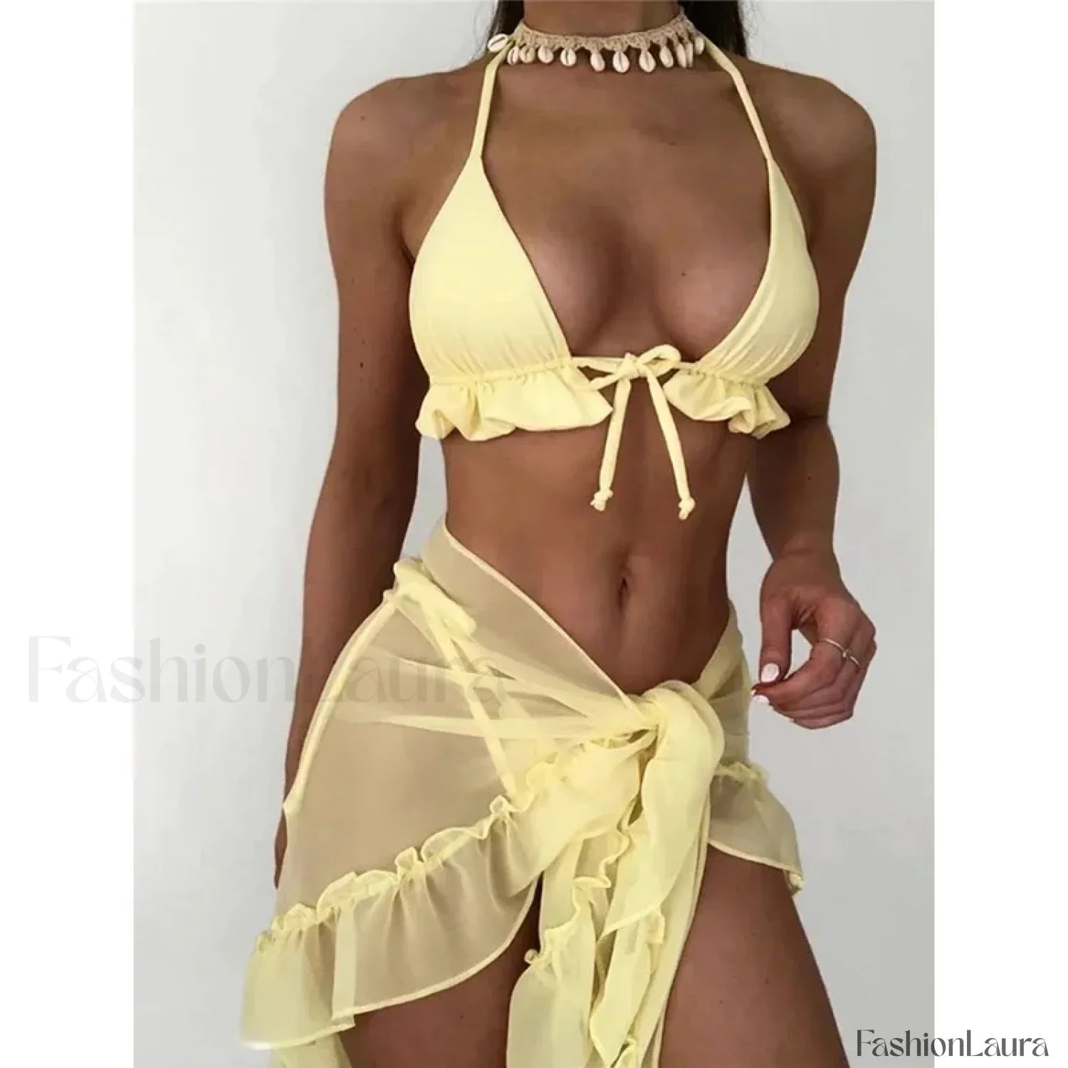 Ruffled Backless Halter Three Piece Set Yellow / S